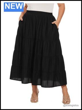 Plus Size Cotton Boho Maxi Tiered Skirt with Pockets Elastic Waist A-Line